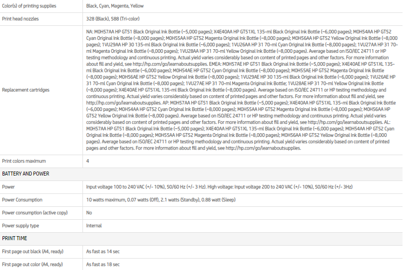 Specifications of the HP INKTANK 315